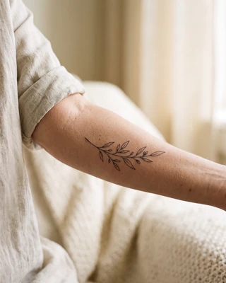 Photo d'inspiration : un brin d'eucalyptus tatoué en fine line